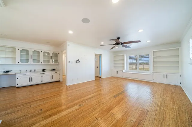 a view of a livingroom with wooden floor