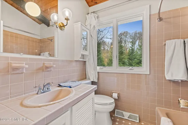 a bathroom with a sink a toilet and a mirror