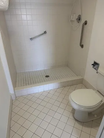 a bathroom with a toilet and a shower