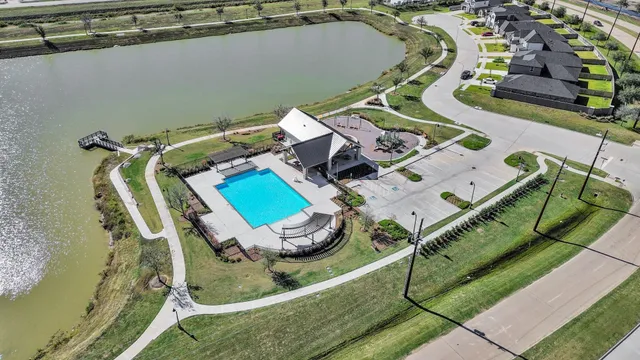an aerial view of a swimming pool