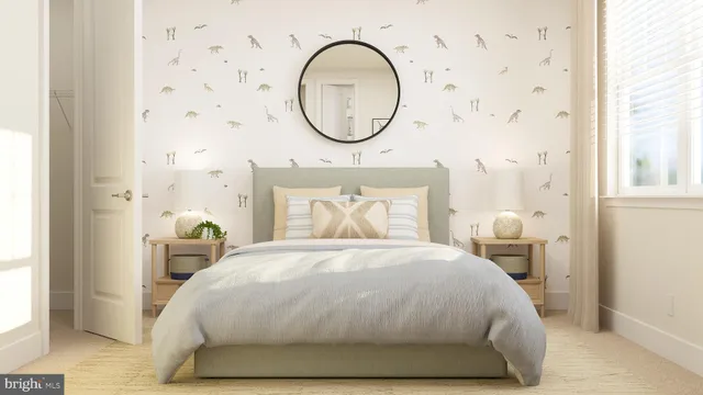 a bedroom with a bed and a painting on the wall