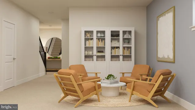 a work room with furniture and windows