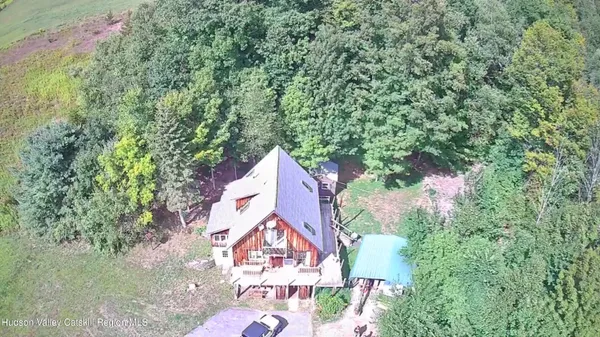 an aerial view of a house with a yard and plants