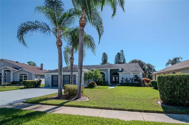 a view of a house with a yard and potted plants