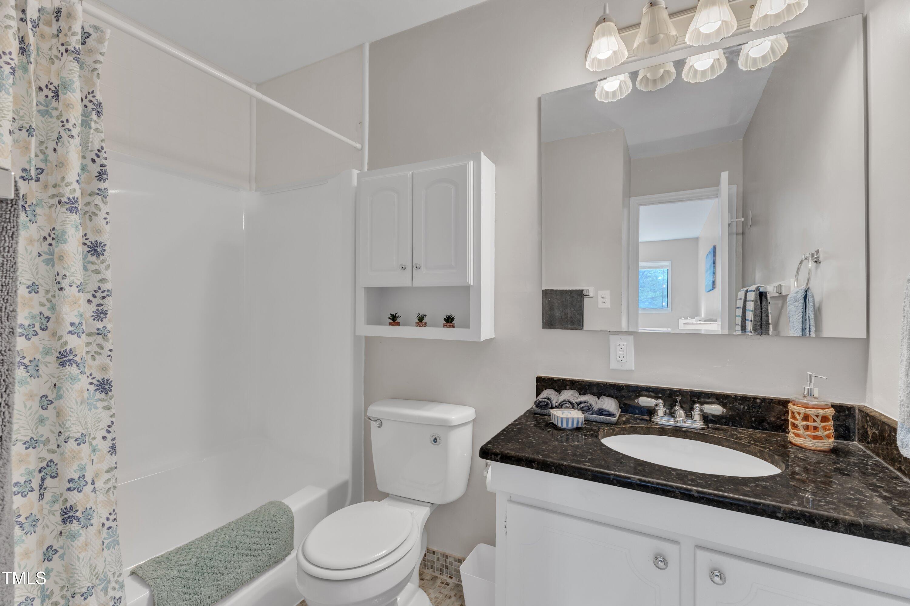5022 Flint Ridge Place Raleigh, NC 27609 - Photo 19 of 32 a bathroom with a granite countertop sink a toilet and a mirror