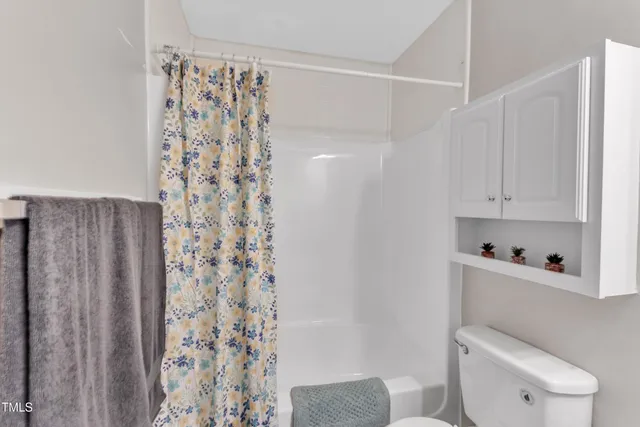 a white toilet sitting next to a shower curtain