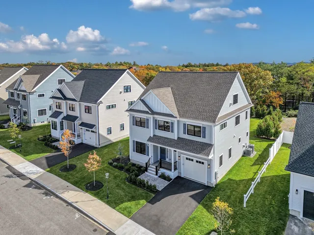 an aerial view of a house with a big yard and potted plants