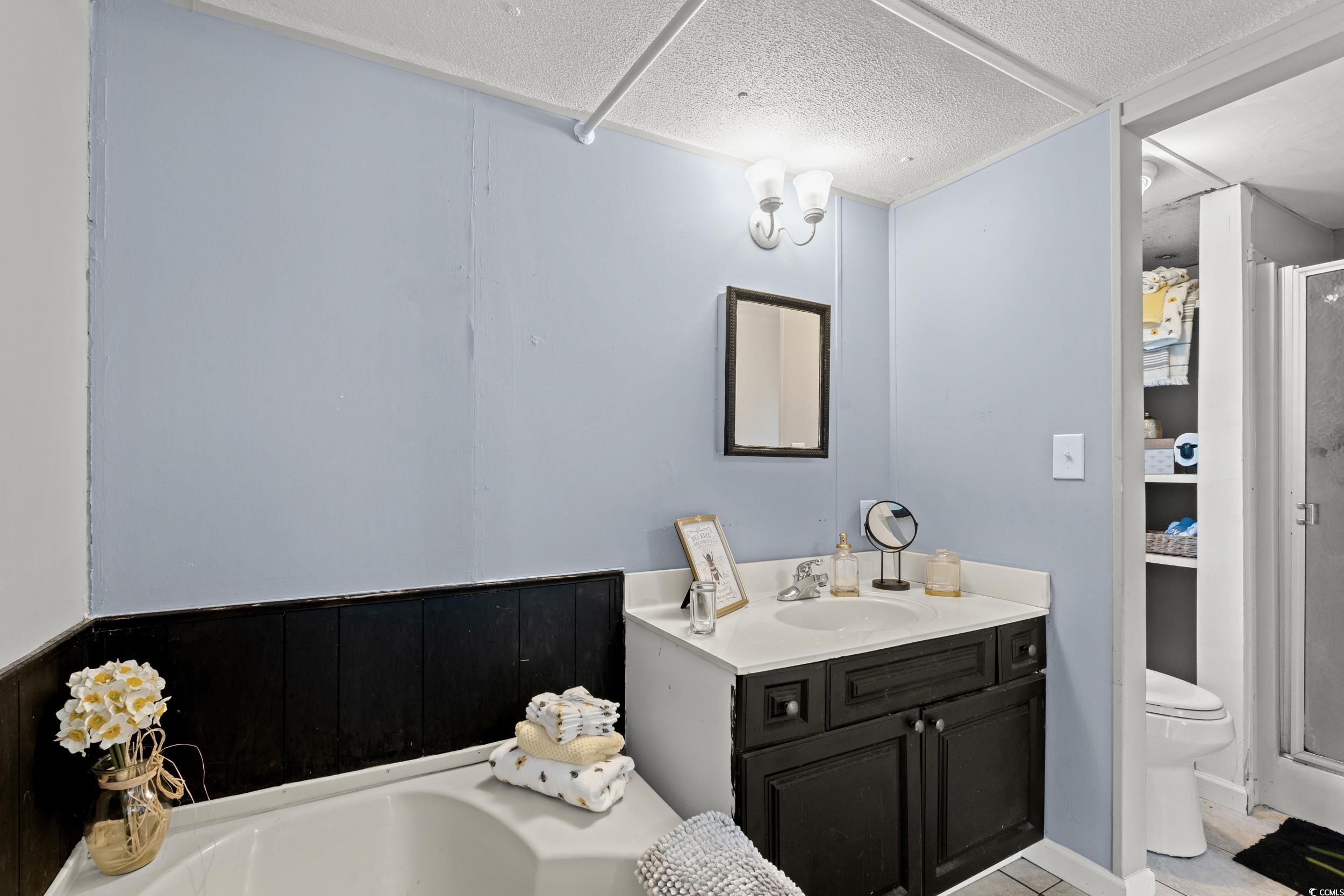 149 William Street Loris, SC 29569 - Photo 20 of 40 Bathroom featuring a shower stall, vanity, a garden tub, and a textured ceiling