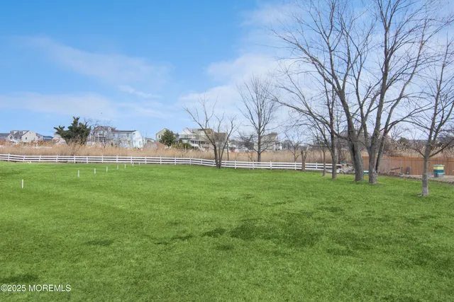 a view of a field with large trees