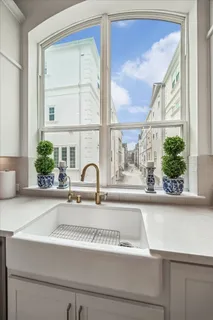 a view of a sink and a potted plant next to a window