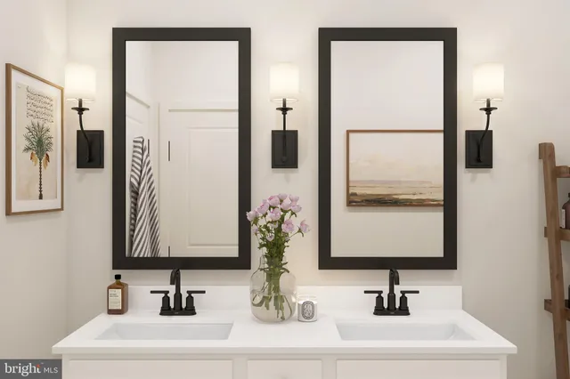 a bathroom with a sink a mirror and a window