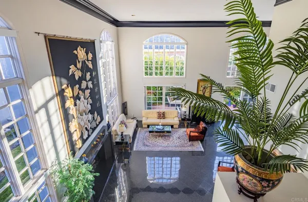 a living room with furniture and a potted plant