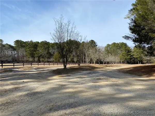 a view of a dry yard with wooden fence