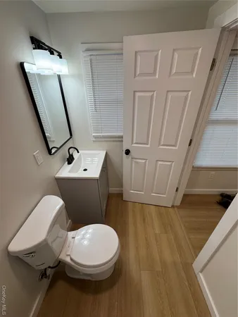 a bathroom with a sink a toilet a mirror and vanity