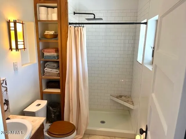 a bathroom with a shower and a toilet