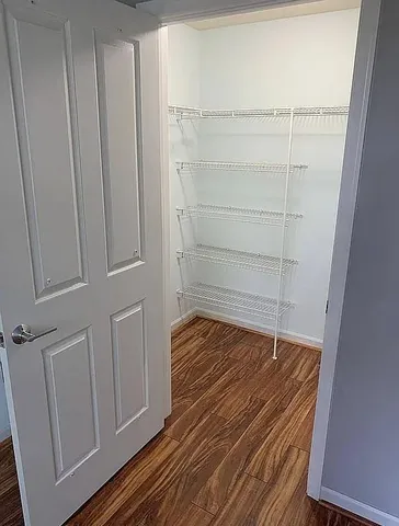 a room with walk in closet and wooden floor