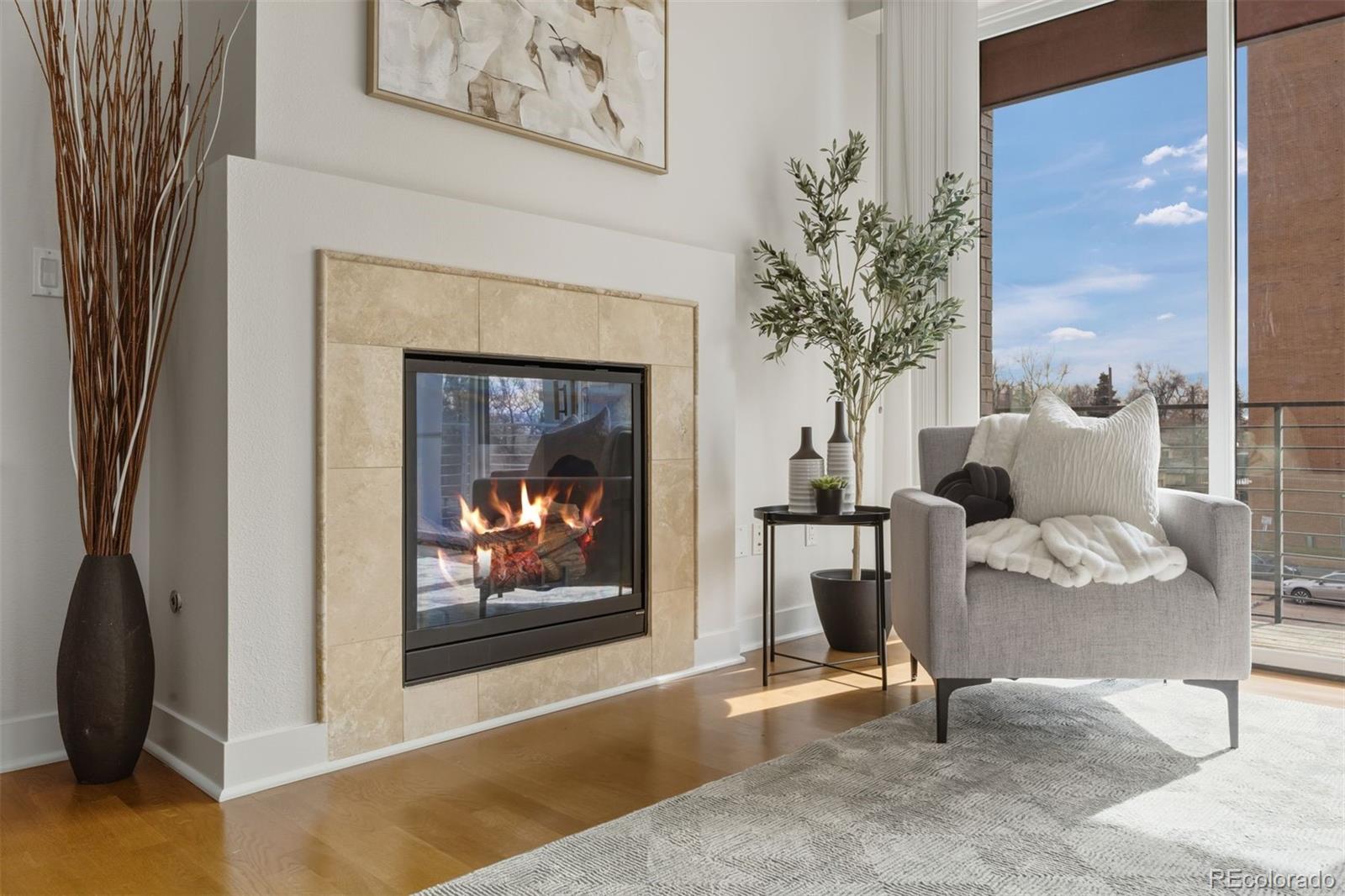 360 South Lafayette Street, Unit 301 Denver, CO 80209 - Photo 6 of 29 a living room with furniture a fireplace and potted plants with wooden floor