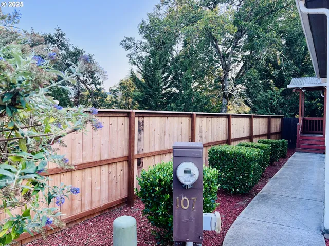 a view of a garden with wooden fence