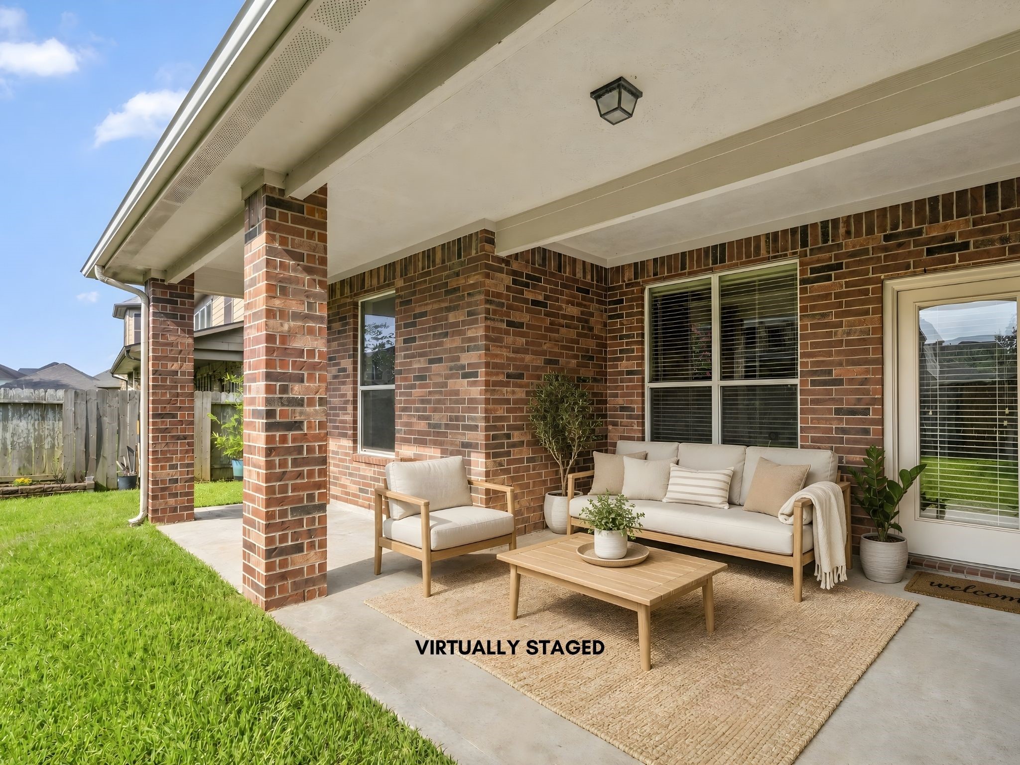 5307 Amber Sky Lane Rosharon, TX 77583 - Photo 48 of 50 The virtually staged covered back patio invites effortless outdoor living, perfectly positioned to overlook the expansive, beautifully landscaped backyard.
