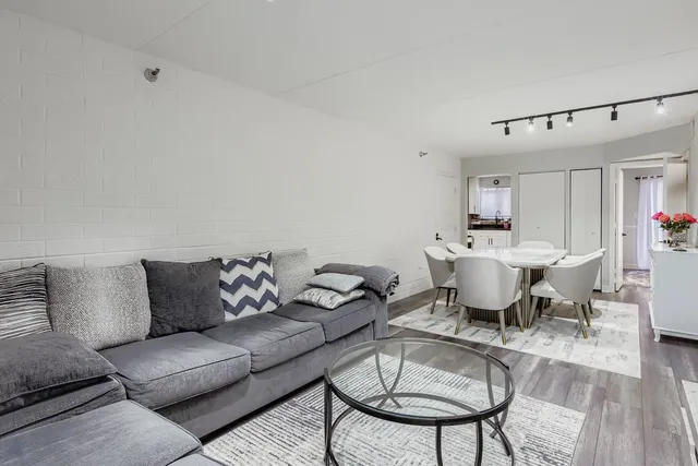 a living room with furniture a dining table and a rug