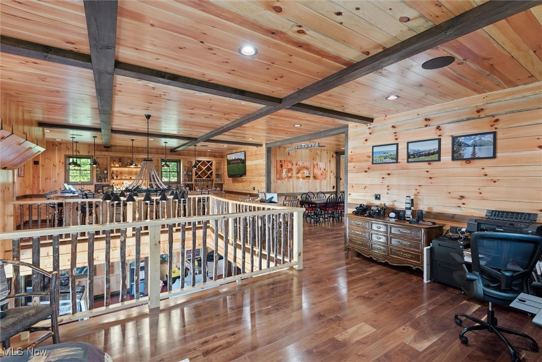 290 Townline Road Aurora, OH 44202 - Photo 23 of 50 Office featuring wooden walls, wood finished floors, a wood ceiling with exposed beams, and recessed lighting