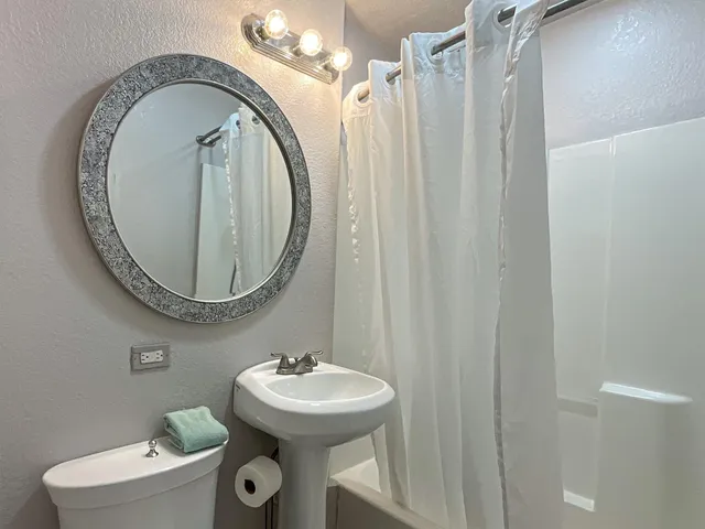 a bathroom with a sink mirror and toilet