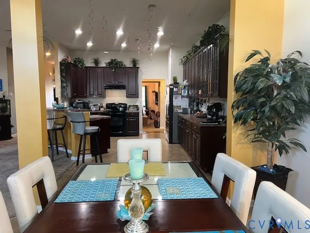 a view of a dining room with furniture a rug and wooden floor