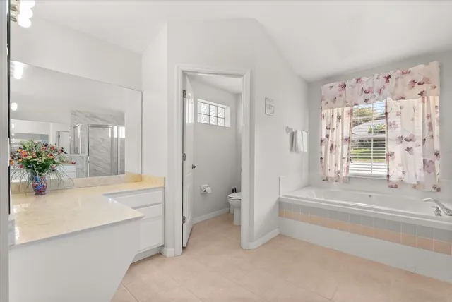 a spacious bathroom with a granite countertop sink a toilet a mirror and shower