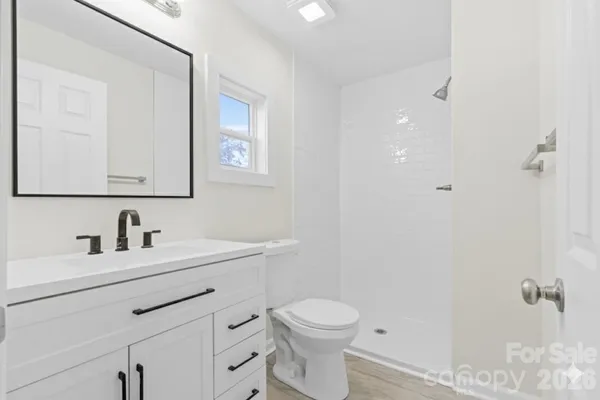 a bathroom with a toilet sink vanity and mirror