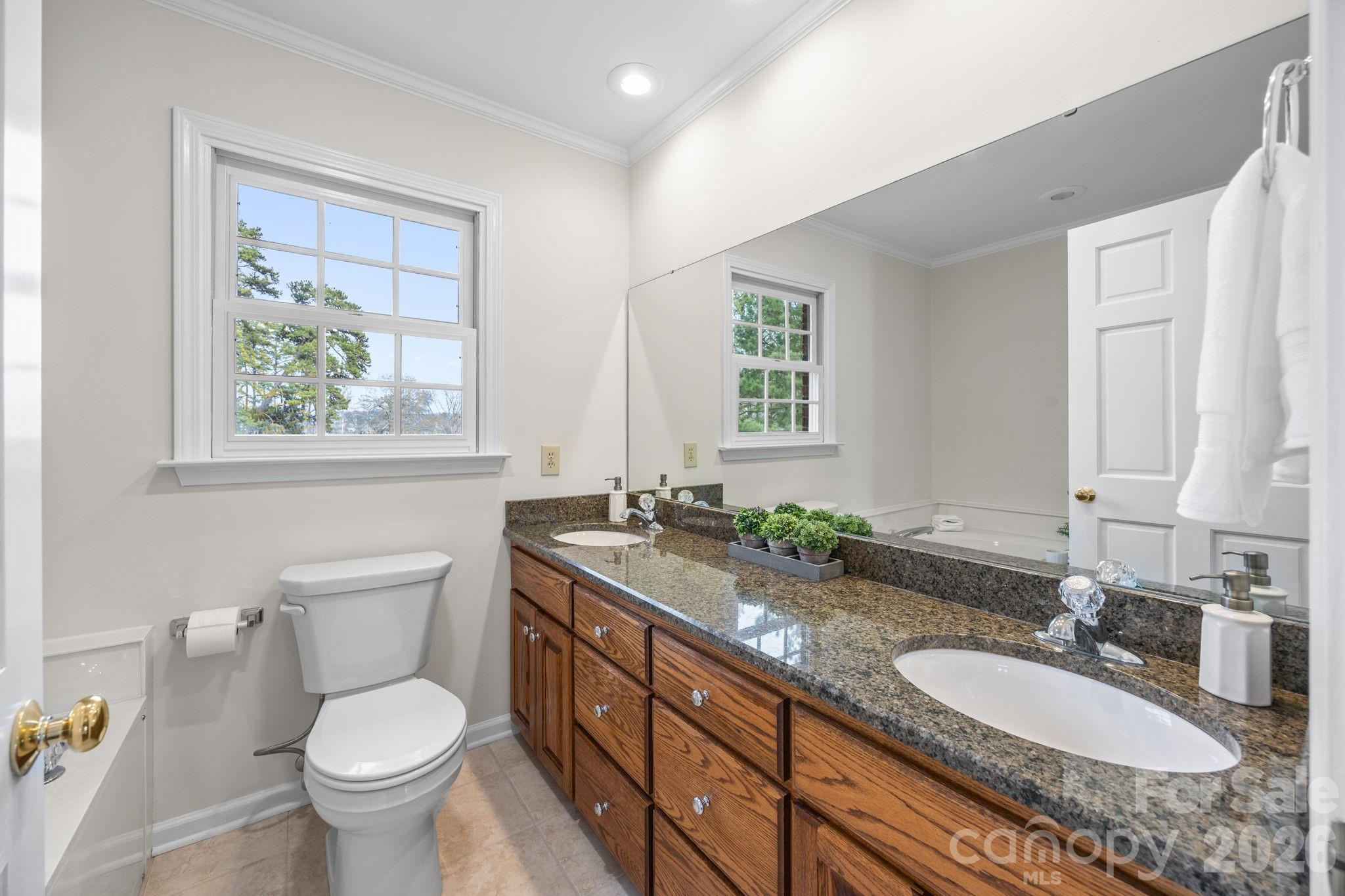 49449 River Run Road Albemarle, NC 28001 - Photo 17 of 45 a bathroom with a granite countertop toilet a sink and a mirror