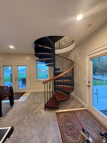 3145 South 500 West Vernal, UT 84078 - Photo 17 of 64 Stairway featuring carpet flooring, recessed lighting, and french doors