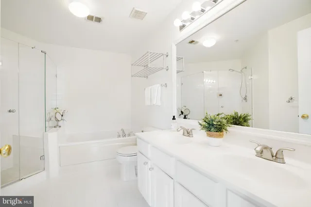 a bathroom with a toilet sink vanity and shower