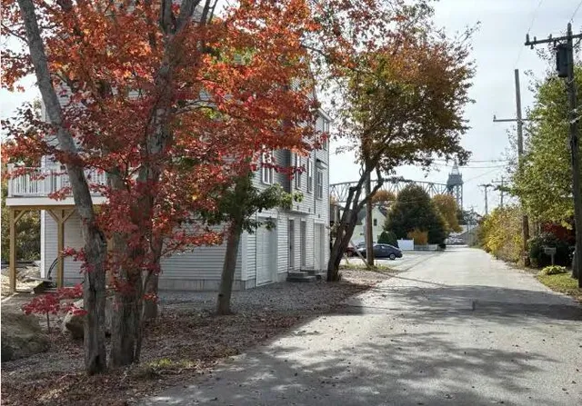 a view of a road with trees in the background