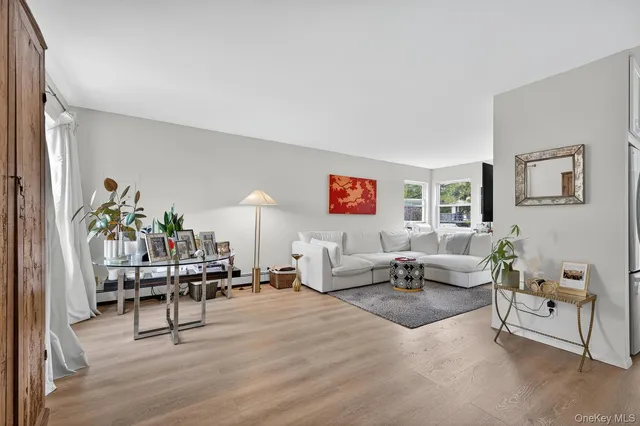 a living room with furniture and a potted plant