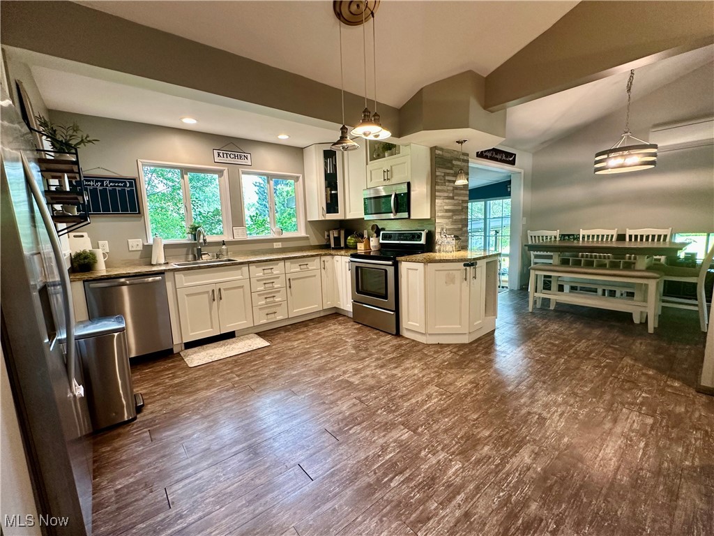 4240 South Ridge Road East Geneva, OH 44041 - Photo 7 of 22 Kitchen with stainless steel appliances, vaulted ceiling, healthy amount of natural light, glass insert cabinets, and dark wood-style floors