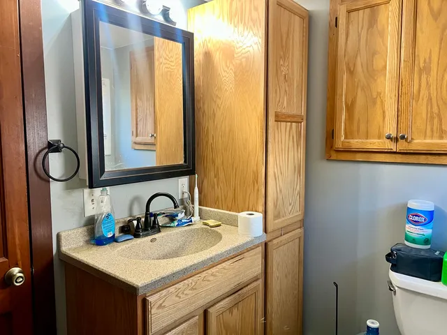 a bathroom with a sink a mirror and a shower