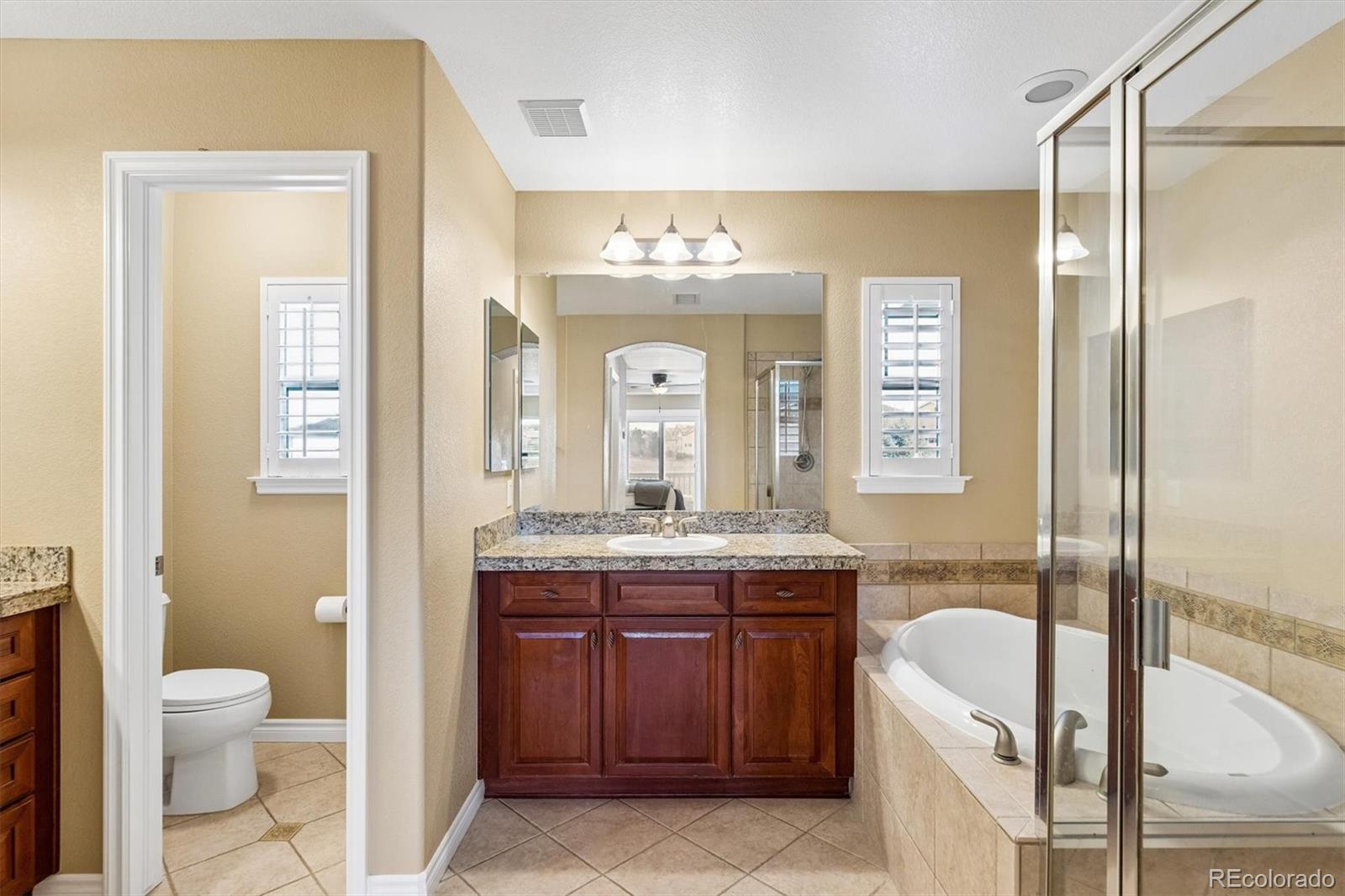11025 Grayledge Circle Highlands Ranch, CO 80130 - Photo 19 of 46 a bathroom with a granite countertop sink a toilet and a bathtub