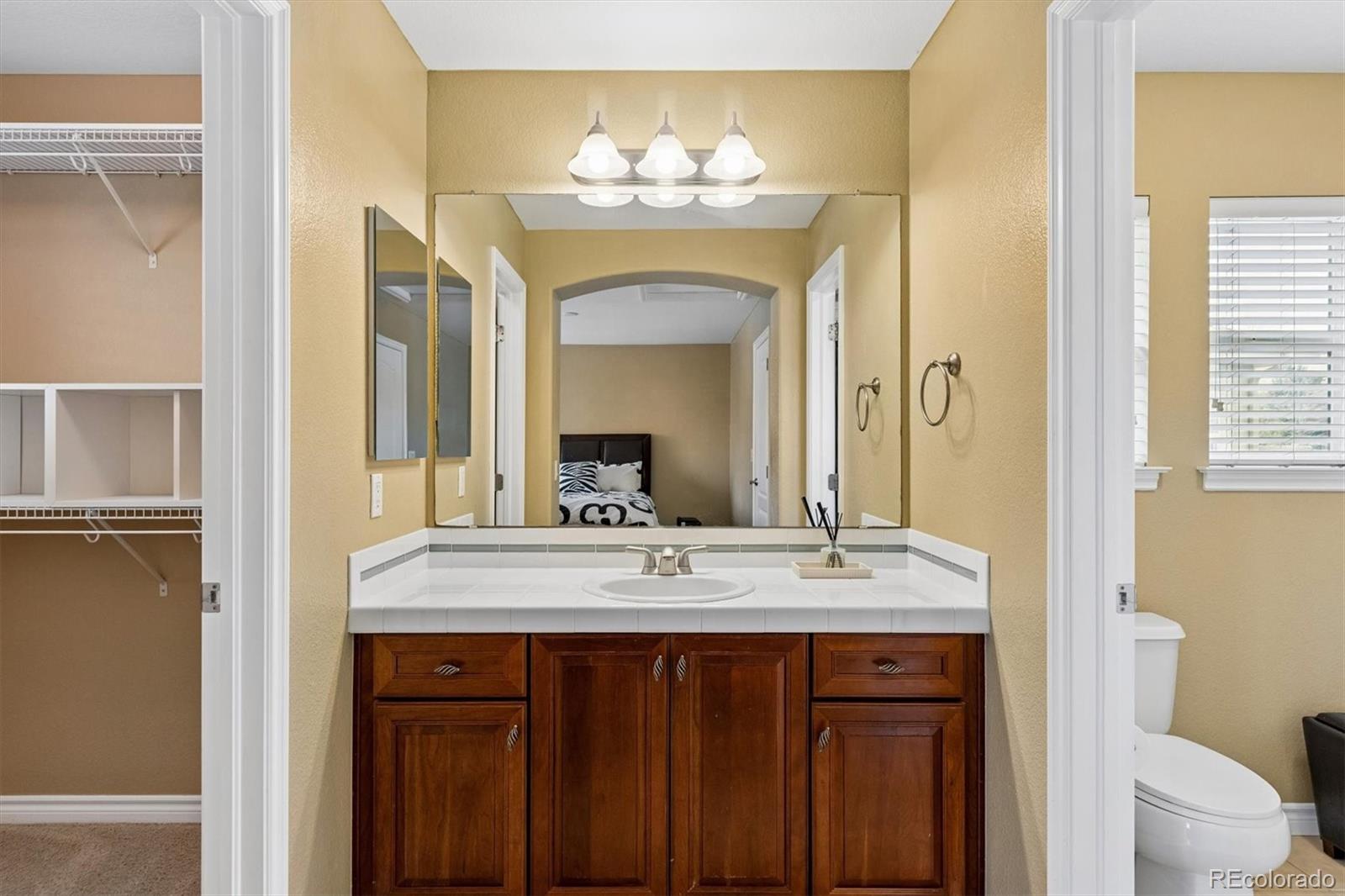 11025 Grayledge Circle Highlands Ranch, CO 80130 - Photo 23 of 46 a bathroom with a granite countertop sink a toilet and a mirror