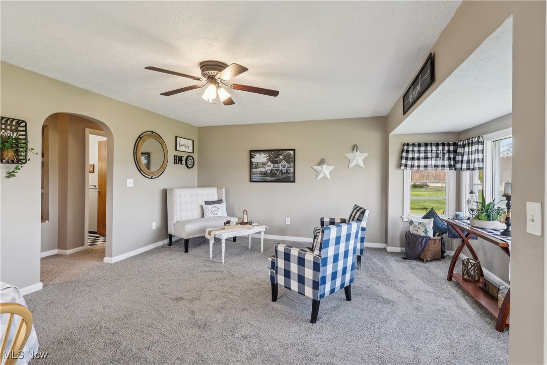 6623 Center Road Ashtabula, OH 44004 - Photo 13 of 49 Sitting room featuring ceiling fan, arched walkways, carpet floors, and baseboards