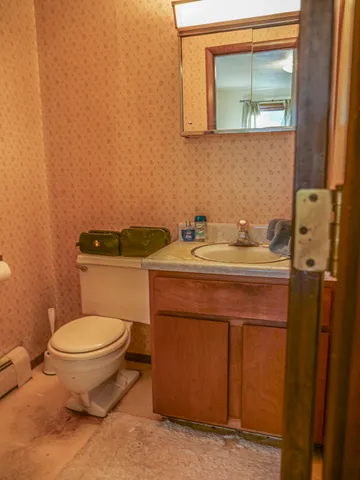 a bathroom with a sink a toilet and mirror