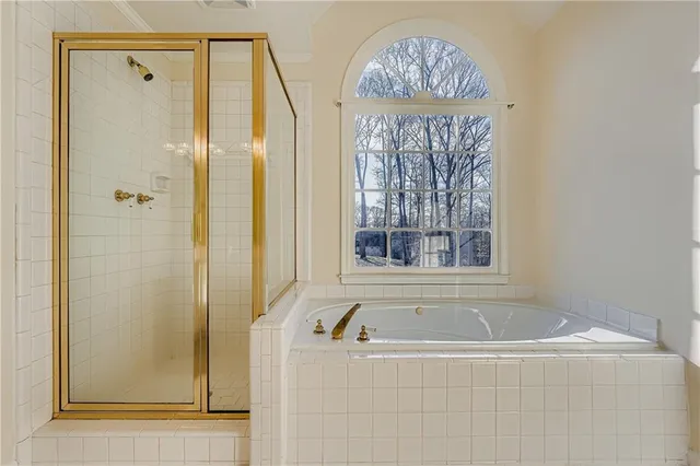 a bathroom with a bathtub and a shower