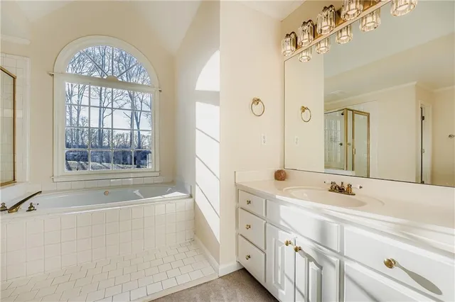 a bathroom with a sink mirror and a bathtub next to a window