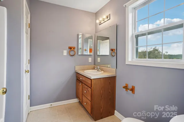 a bathroom with a sink vanity and a mirror