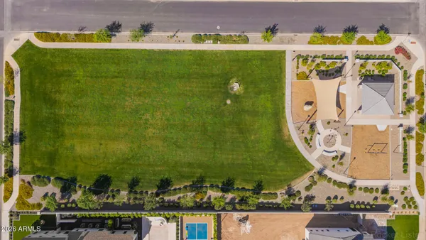 an aerial view of a house with a garden
