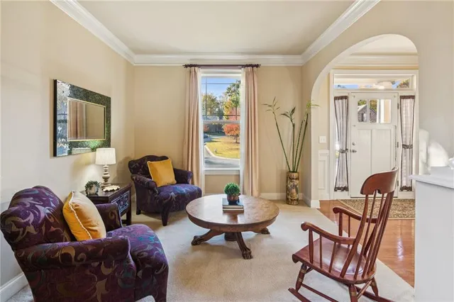 a living room with furniture and a potted plant