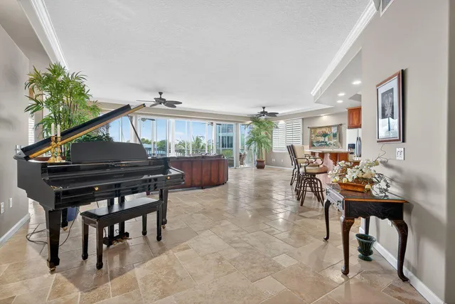a living room with furniture a piano and a potted plant