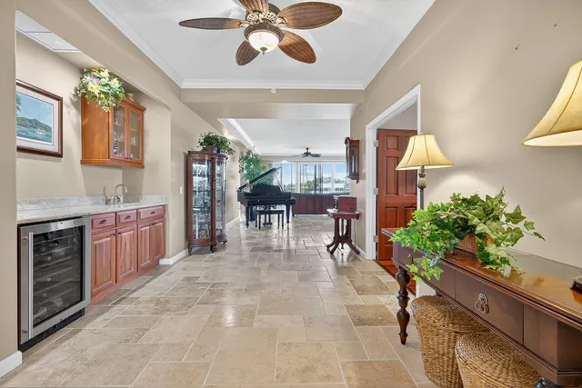a view of a dining room kitchen and windows