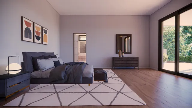 a spacious bedroom with a bed and a large window