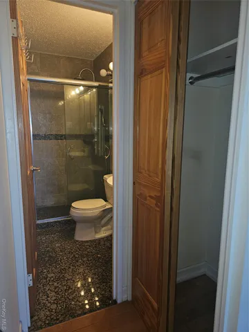a bathroom with a toilet and a shower