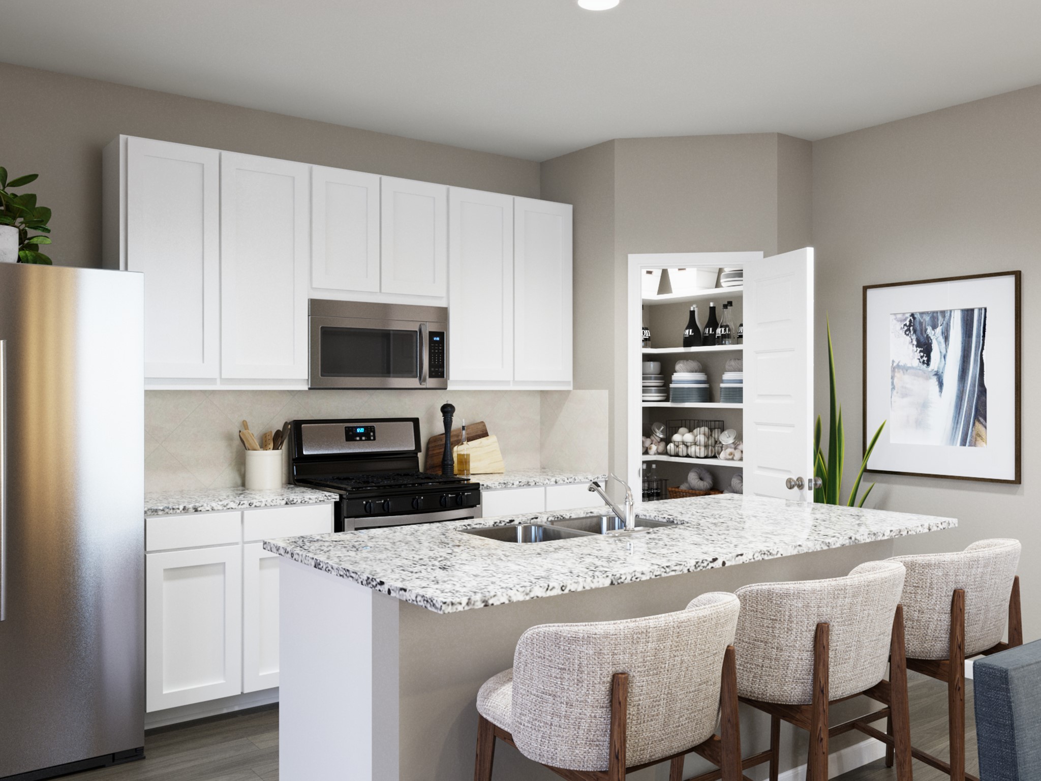 13650 Kit Run Splendora, TX 77372 - Photo 18 of 35 a kitchen with granite countertop a sink and a refrigerator